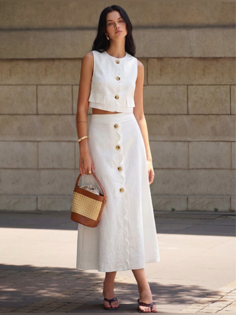 Commense Cream Button-Front Midi Skirt & Top Set (Size Medium)